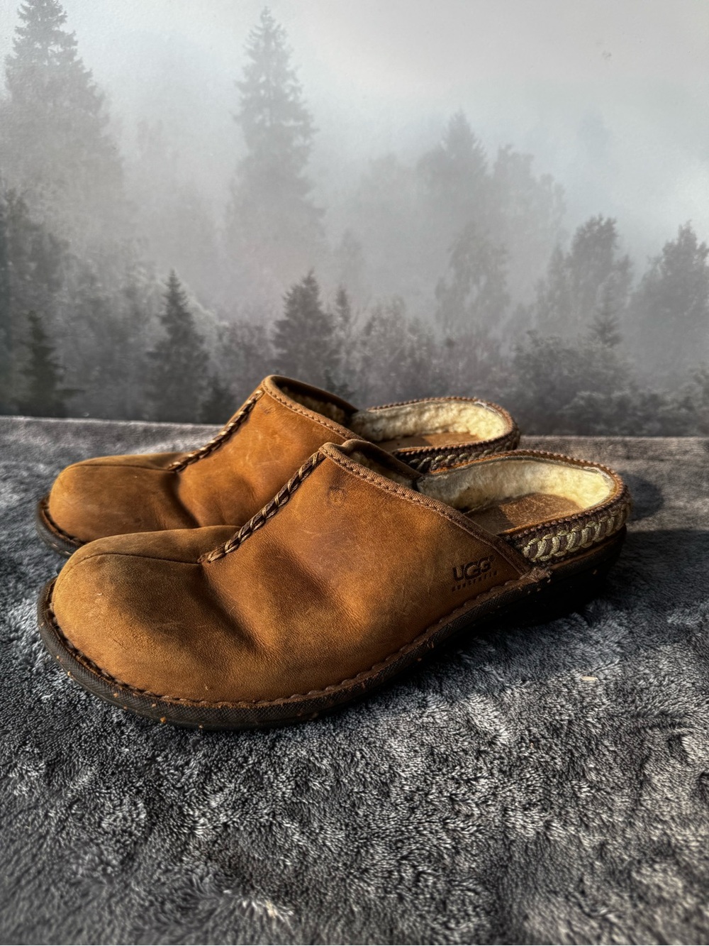 UGG Chestnut Suede Shearling-Lined Slip-On Mules